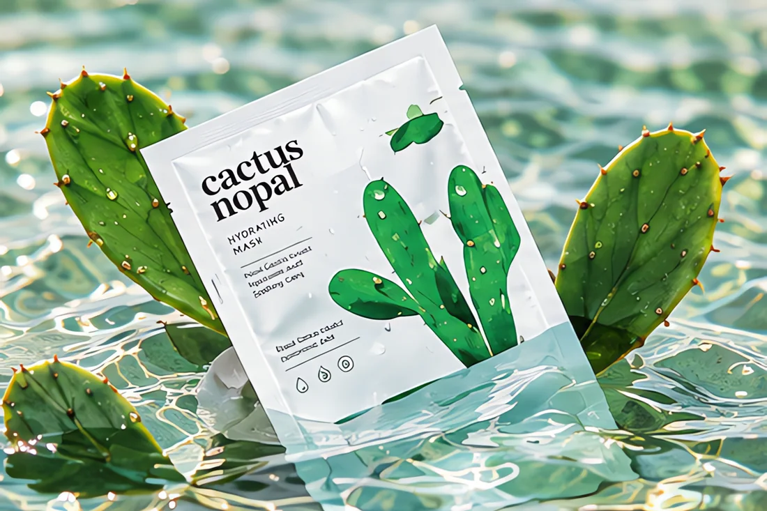 Bộ dụng cụ chuẩn bị đắp mặt nạ gồm băng đô, khăn mềm và hũ Nopal Mask đặt trên khay gỗ