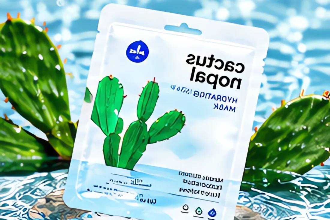Làn da căng mịn được dưỡng ẩm sau khi rửa mặt nạ, cạnh hũ sản phẩm và lá xương rồng tai thỏ